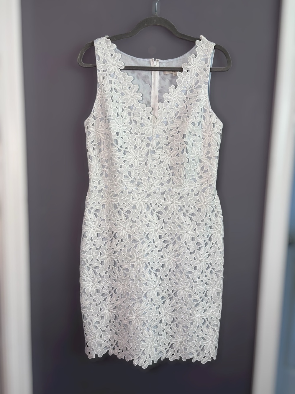 LOFT White Floral Lace Dress Baby Blue Lining 6
